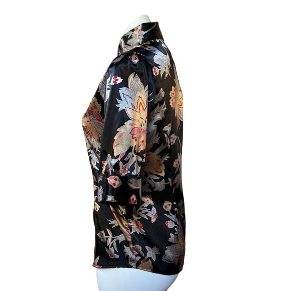 Vintage Y2K NWT 1950s-Style Satin Floral Button-Up Blouse With Tie Waist - Picture 5 of 9